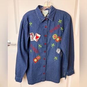 Vintage The Quaker Factory Lucky Bingo Casino Embroidered‎ Denim Shirt L